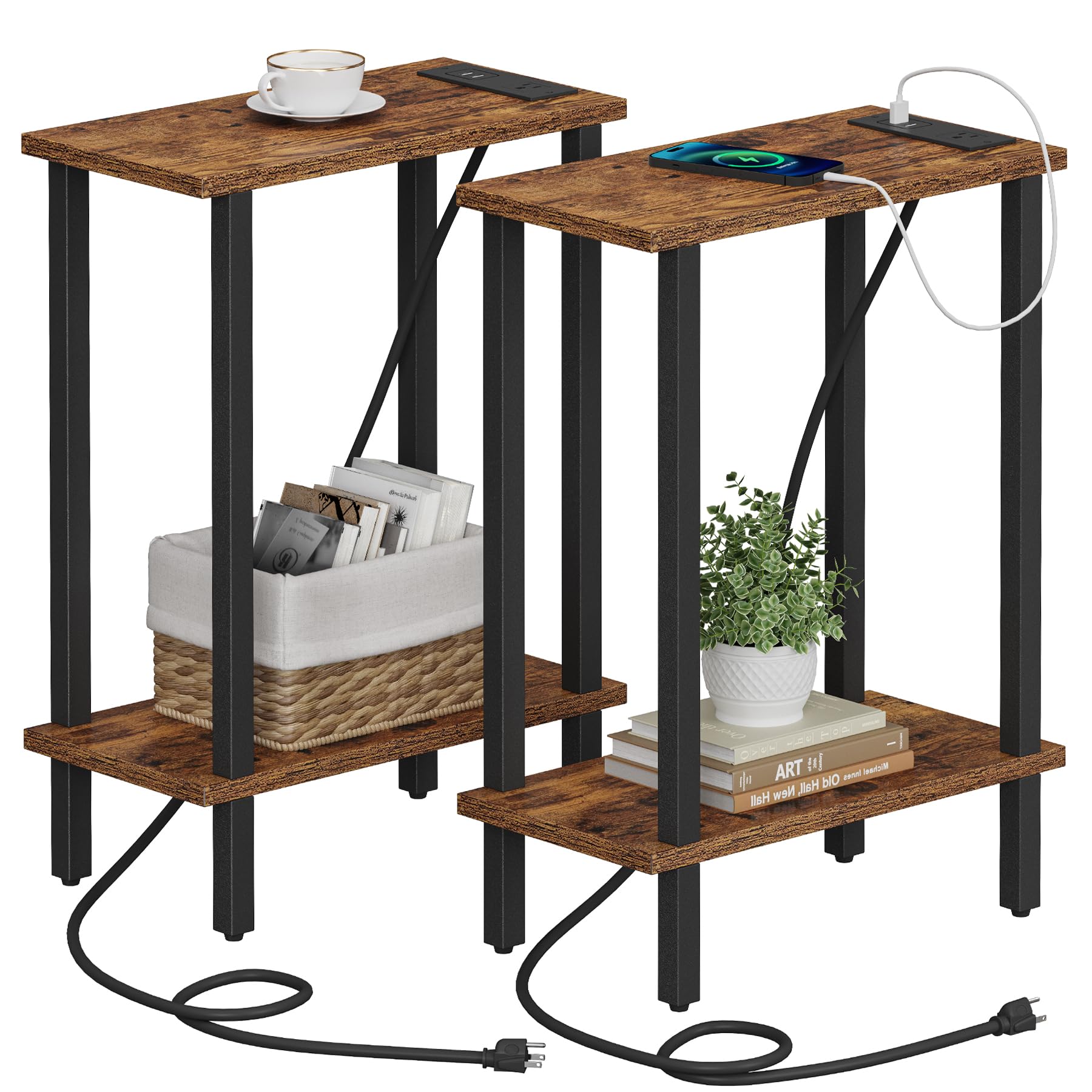 Photo 1 of TUTOTAK Small End Table with Charging Station, Narrow Side Table with USB Ports and Outlets, Set of 2, Skinny Sofa Table, Slim Nightstand, Living Room, Bed Room, Brown TB01BB0602