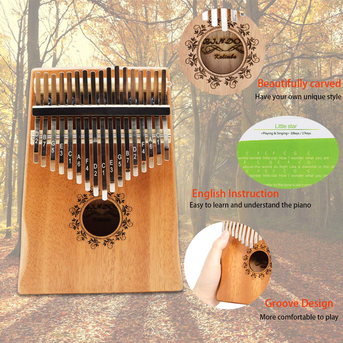 17 Key Kalimba Thumb Piano, Bindor Finger Piano Mbira Kalimba Solid Mahogany Body Portable Easy-to-learn Musical Instrument with Tuning Hammer