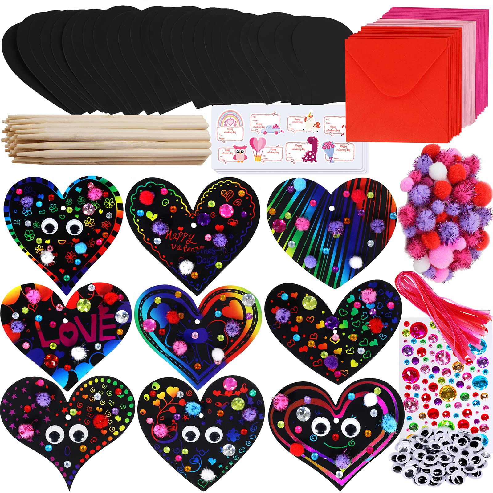 Photo 1 of 27 Sets Magic Color Scratch Paper Heart Ornaments Bookmarks Valentine Craft Kits Scratch Paper Heart Cutouts Pom-poms Googly Eyes for Kids Activity Art Project Valentine Party Favor Tree Decoration
