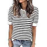 Womens Tops Summer Short Sleeve Shirts Striped Sweater Cute Casual Top Trendy Women Clothing Crewneck Knit Blouses
