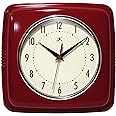 Infinity Instruments Square Silent Retro 9 inch Mid Century Modern Kitchen Diner Retro Wall Clock Quartz Sweep Movement (Red)