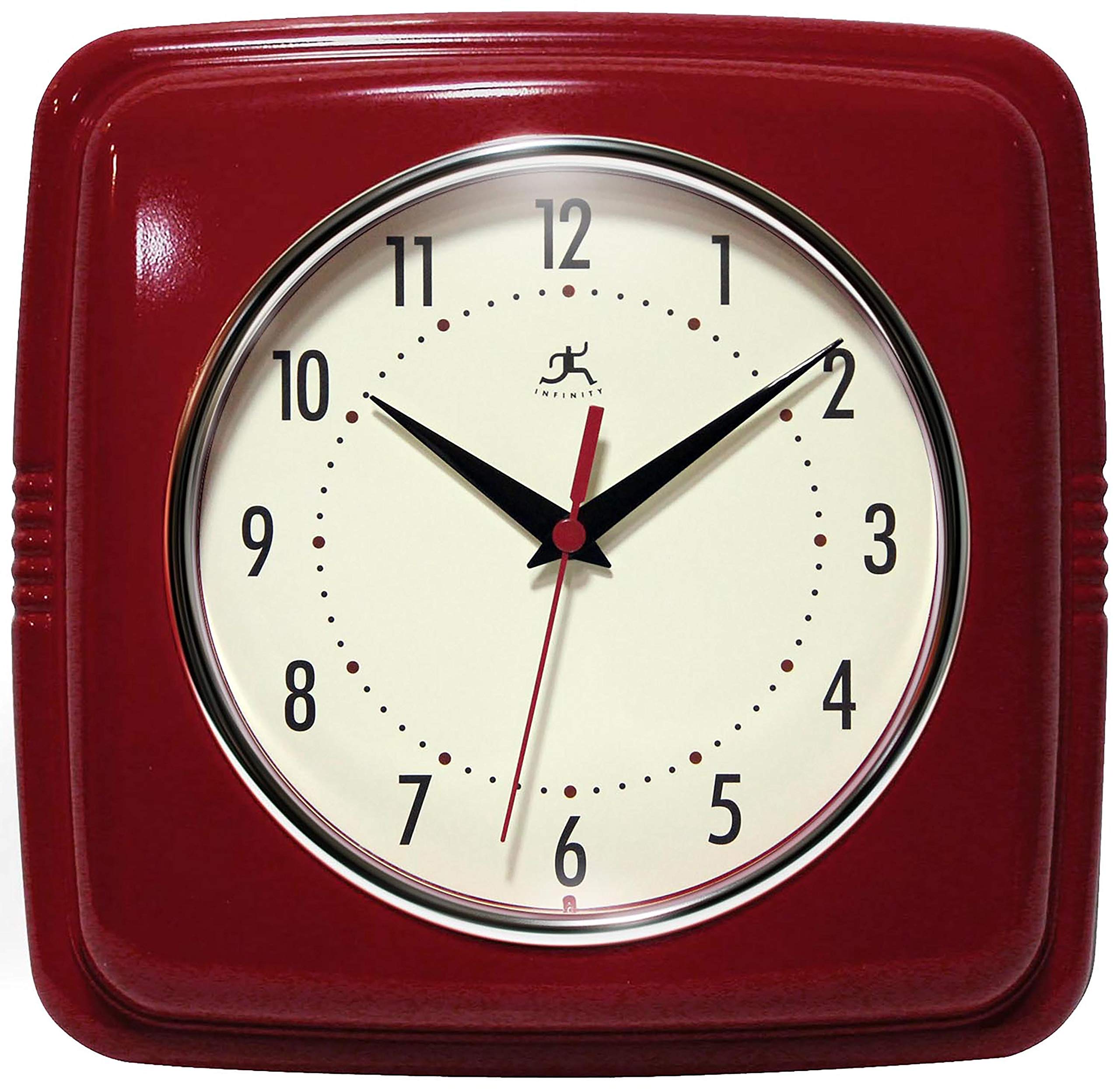 Infinity Instruments Square Silent Retro 9 inch Mid Century Modern Kitchen Diner Retro Wall Clock Quartz Sweep Movement (Red) โ image 1
