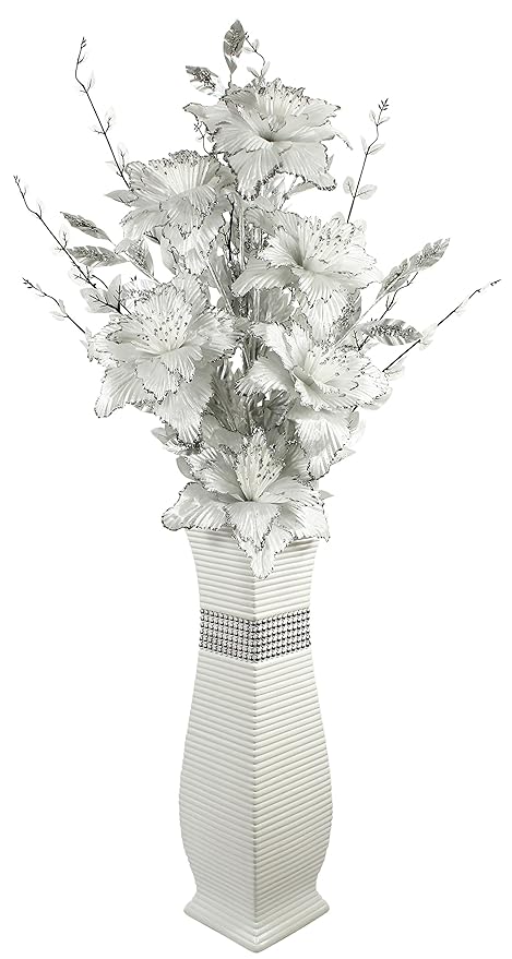 Large White Floor Vase With White And Silver Sparkle Artificial