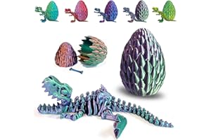 UTOSDAY 3D Printed Dinosaur Toy, 3D Printed Dinosaur Egg with Articulated Tyrannosaurus Rex, Mystery Crystal Dinosaur Flexible Rexi Toys with Bone, Articulated Fidget Dragon for Autism (Green-Purple-Copper)
