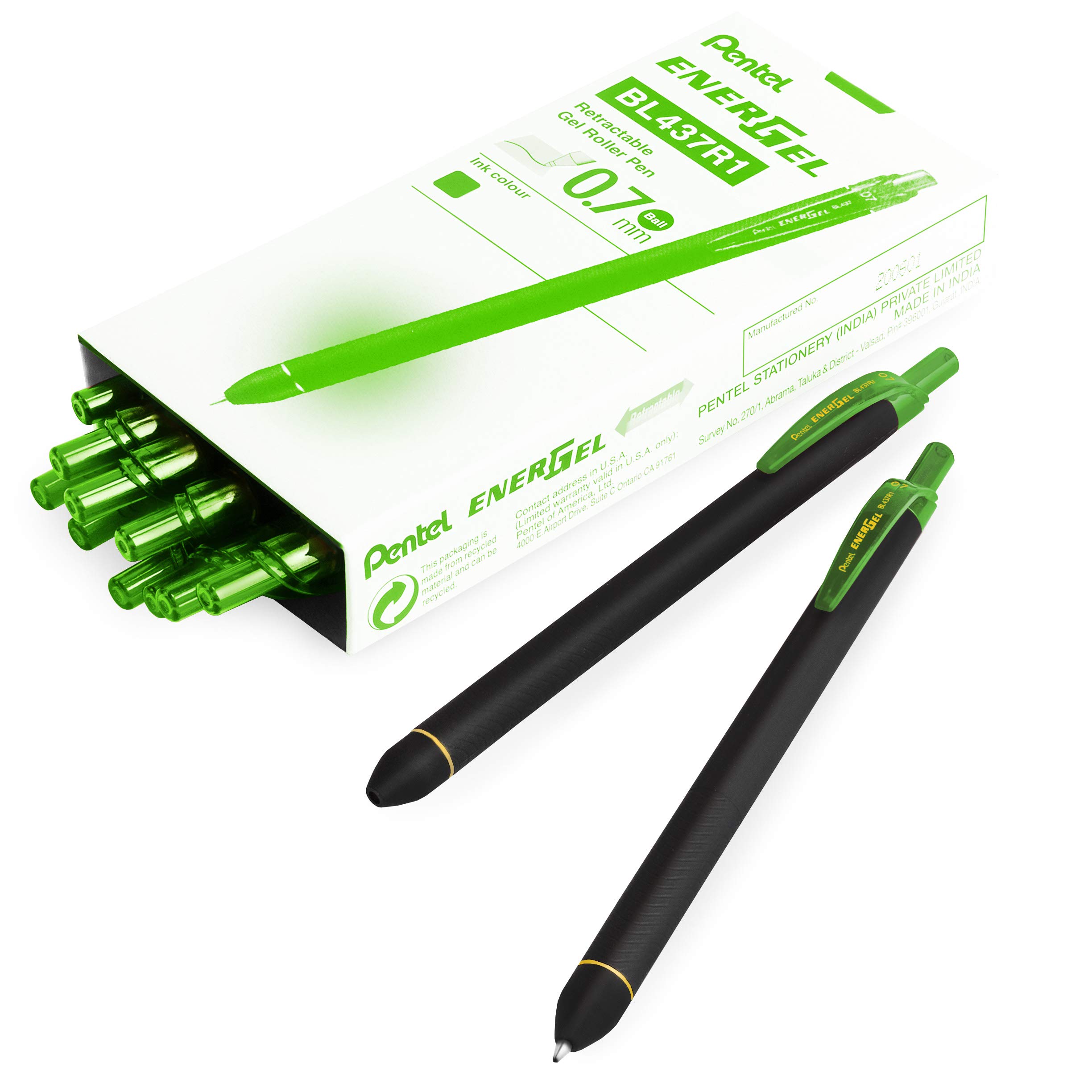 Pentel Energel BL437R1 Retractable Gel Ink Rollerball Pen - 0.7mm Nib - Lime Green - Pack of 14