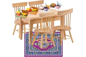 USNYABNI 28Pcs Dollhouse Furniture Set, 1/12 Dollhouse Decoration 1Pc Wooden Dining Table and 4Pcs Chair, 1Pc Mini Carpet Turkey Rugs, 4 Sets Dinner Plate for Kids Gift