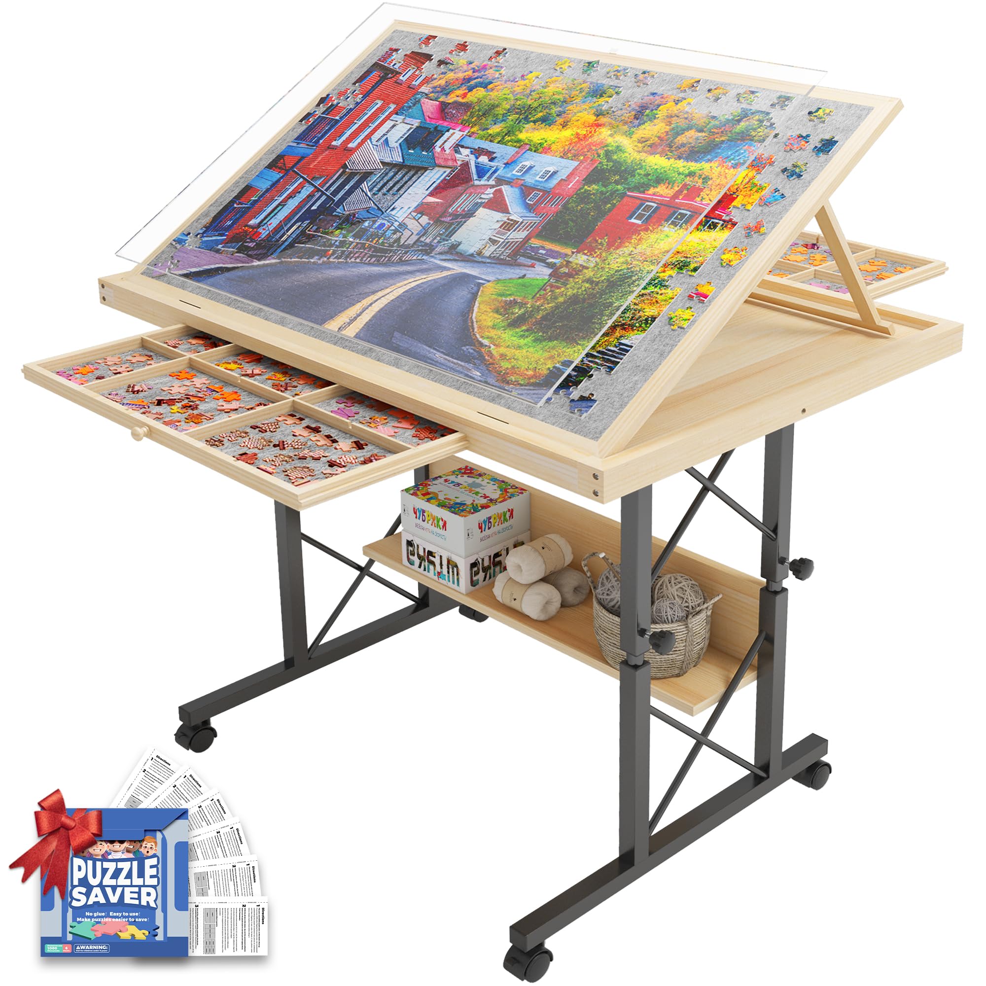 Photo 1 of 1500 Piece Jigsaw Puzzle Table with Legs for Adults, 5-Tilting-Angle & Height Adjustable Table with Drawers and Cover, Wooden Puzzle Board with Extended Support Bar & 4 Wheels Gift for Family
