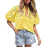 PRETTYGARDEN Women's Summer Tops 2026 Dressy Casual Short Sleeve V Neck Buttons Hollow Eyelet Lace Embroidered Blouses Shirts