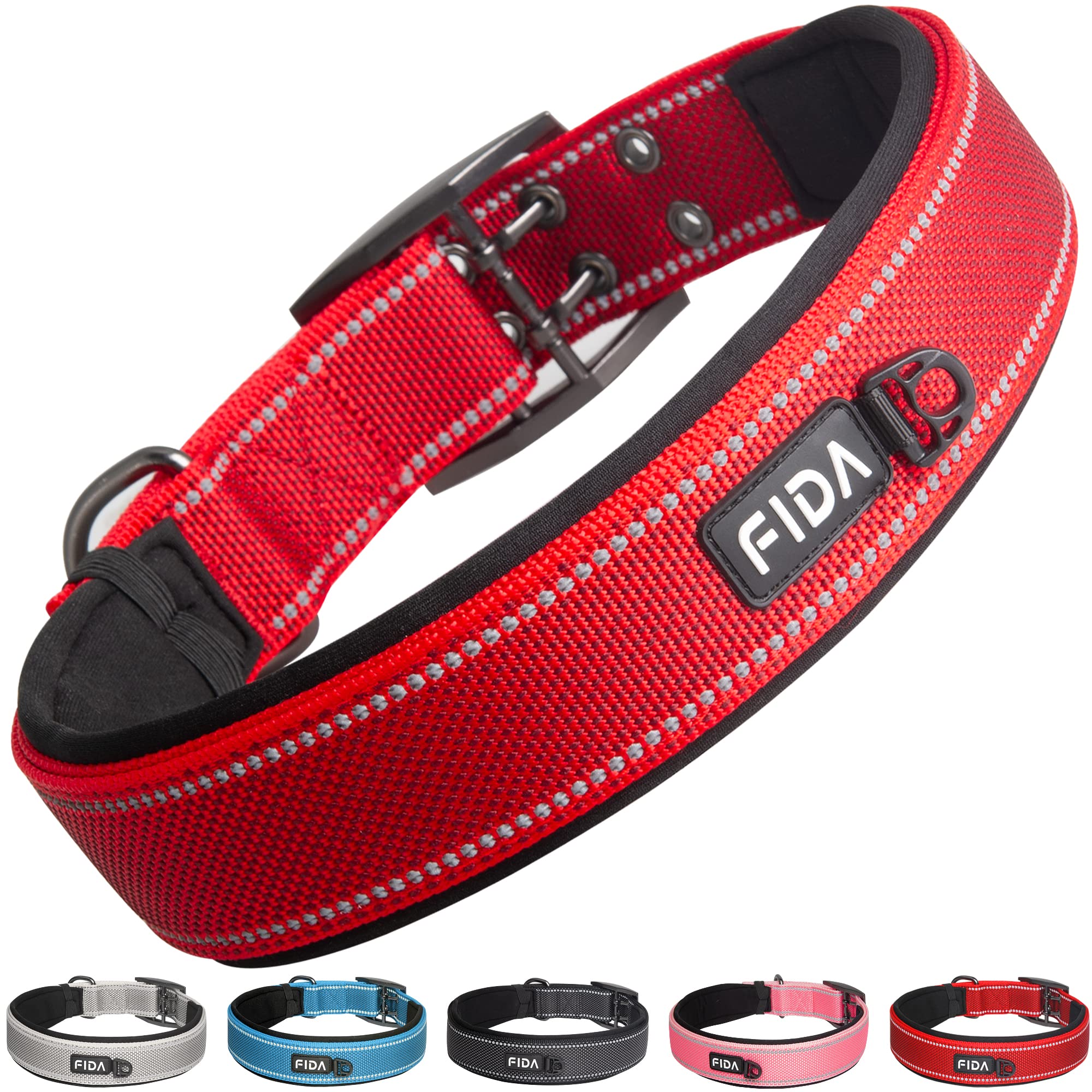 Photo 1 of Fida Heavy Duty Dog Collar 1.5” Width, Ultra Soft Neoprene Padded, Adjustable Reflective Nylon Pet Collar with Two Metal Pin Belt Buckle for Large/X-Large Breeds (XL, Red)