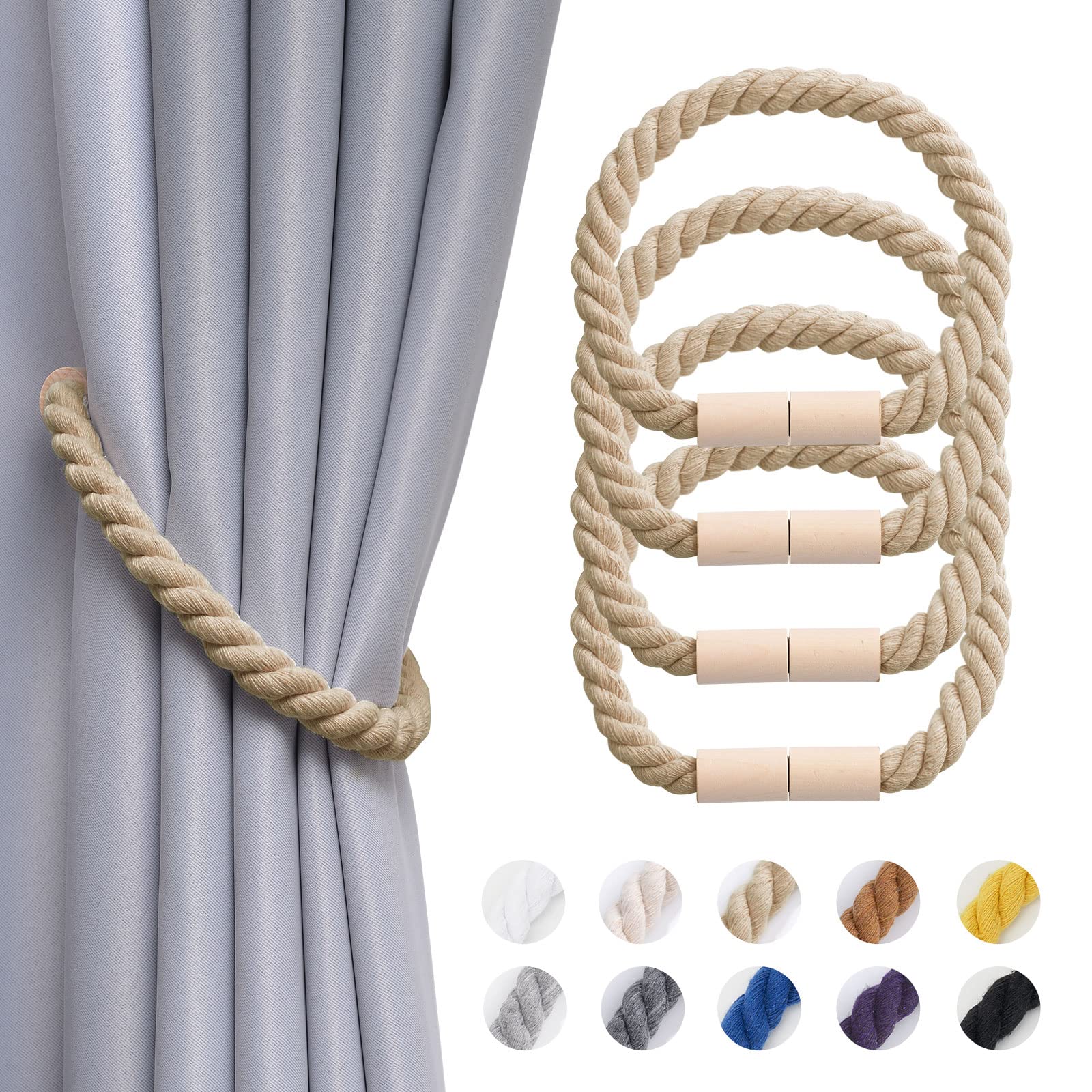 Pretty Jolly 4 Pack Wooden Magnetic Curtain Tiebacks Boho Home Decoration Drape Tie Backs Natural Cotton Handmade Rope Curtain Holdbacks for Thin or Thick Home & Office Window Drapery (Dark Beige)
