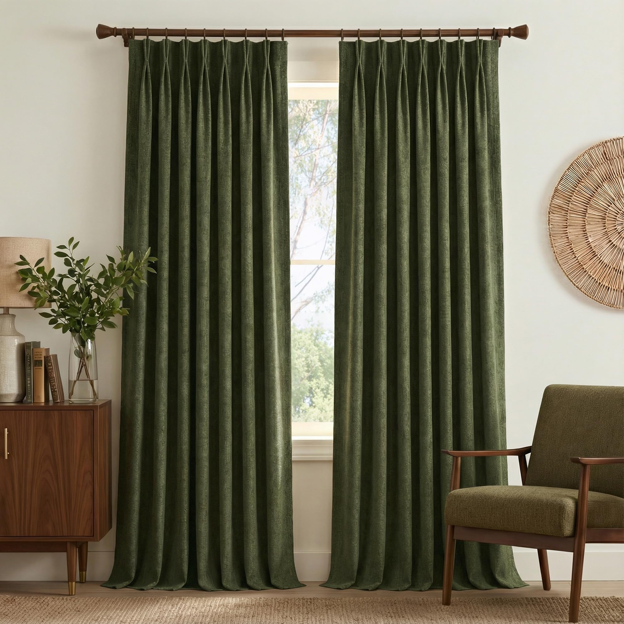 NICETOWN 395GSM Linen Pinch Pleated Vintage Olive Green Curtains 90 inch Long with Hooks - Room Darkening Wrinkle Resistant Drapes for Dining Room & Bedroom, Modern Home Decor (40