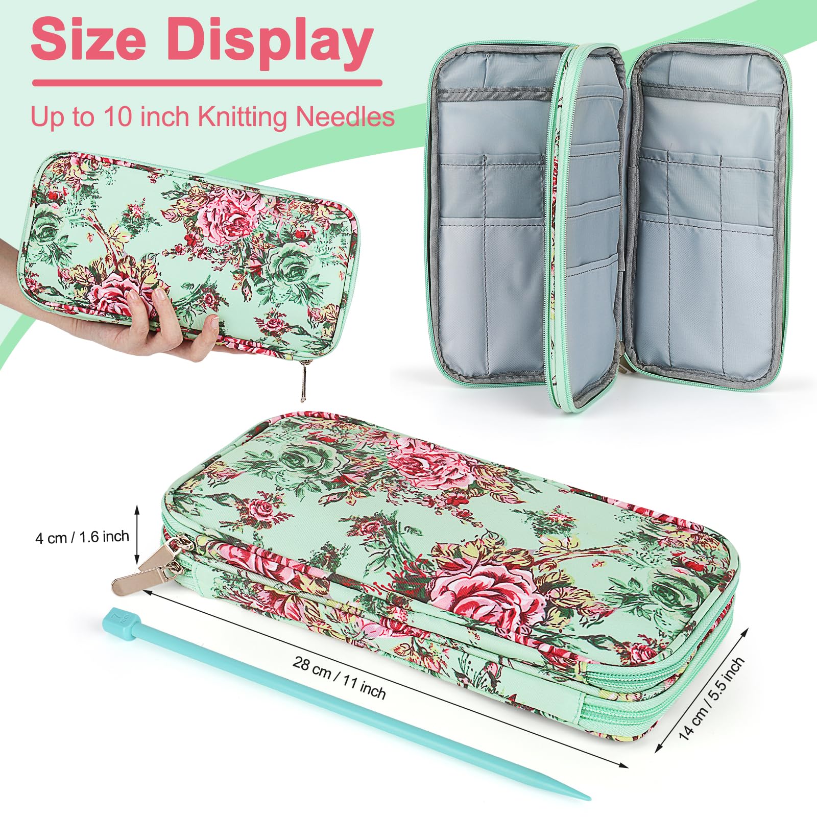 Katech Knitting Needles Case Empty Zipper Bags Organizer Portable Travel Crochet Hooks Storage Bag with Web Pocket and Holder Slots for Carrying Various Crochet Needles and Knitting Accessories