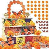 Dia De Los Muertos Altar Ofrenda Kit with Marigold Flowers & Butterflies | Day of the Dead Altar, Pre-painted & Ready to Use, Tool-free Interlocking Solid Wood, Traditional 3-tier Photo Display