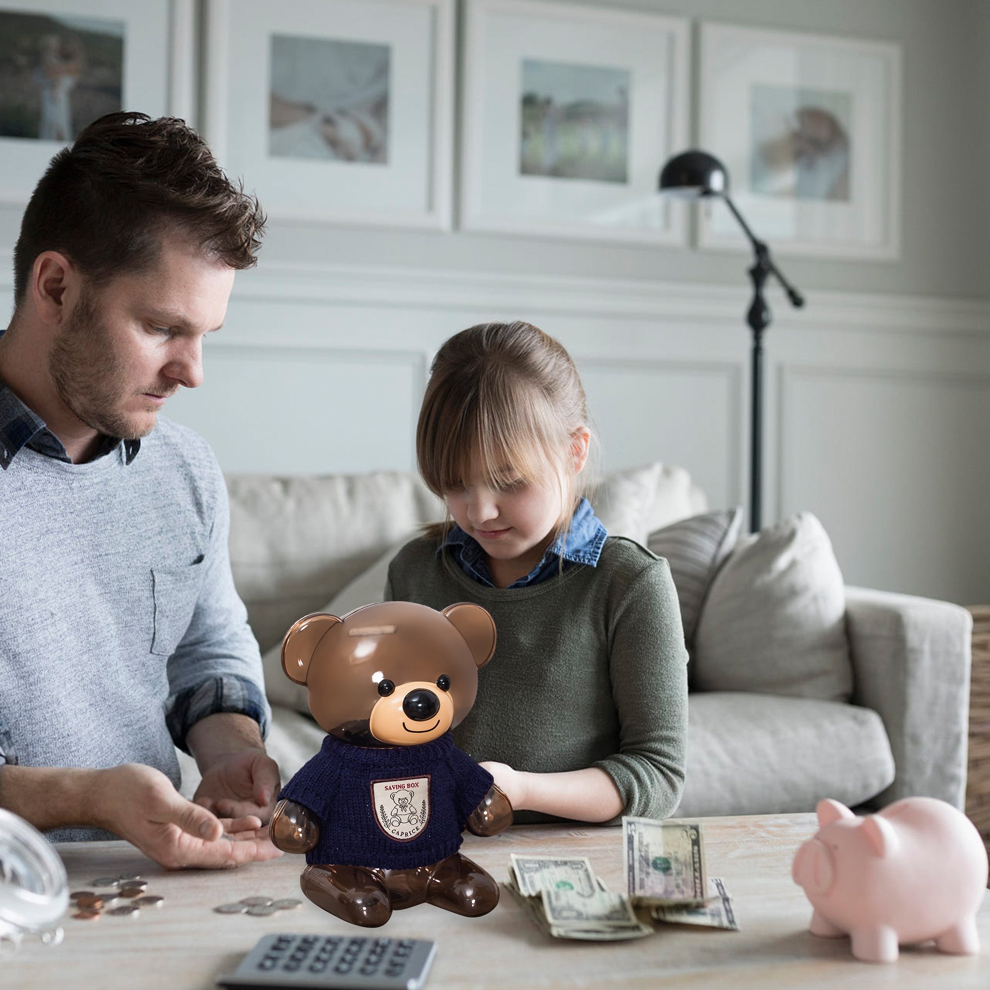 Msicyness Classic Bear Piggy Bank - Cute Cartoon Saving Box for Kids Mini ATM with Knit Clothes Decor Coin Toy Banks Save Pot Money Boxes（Transparent）