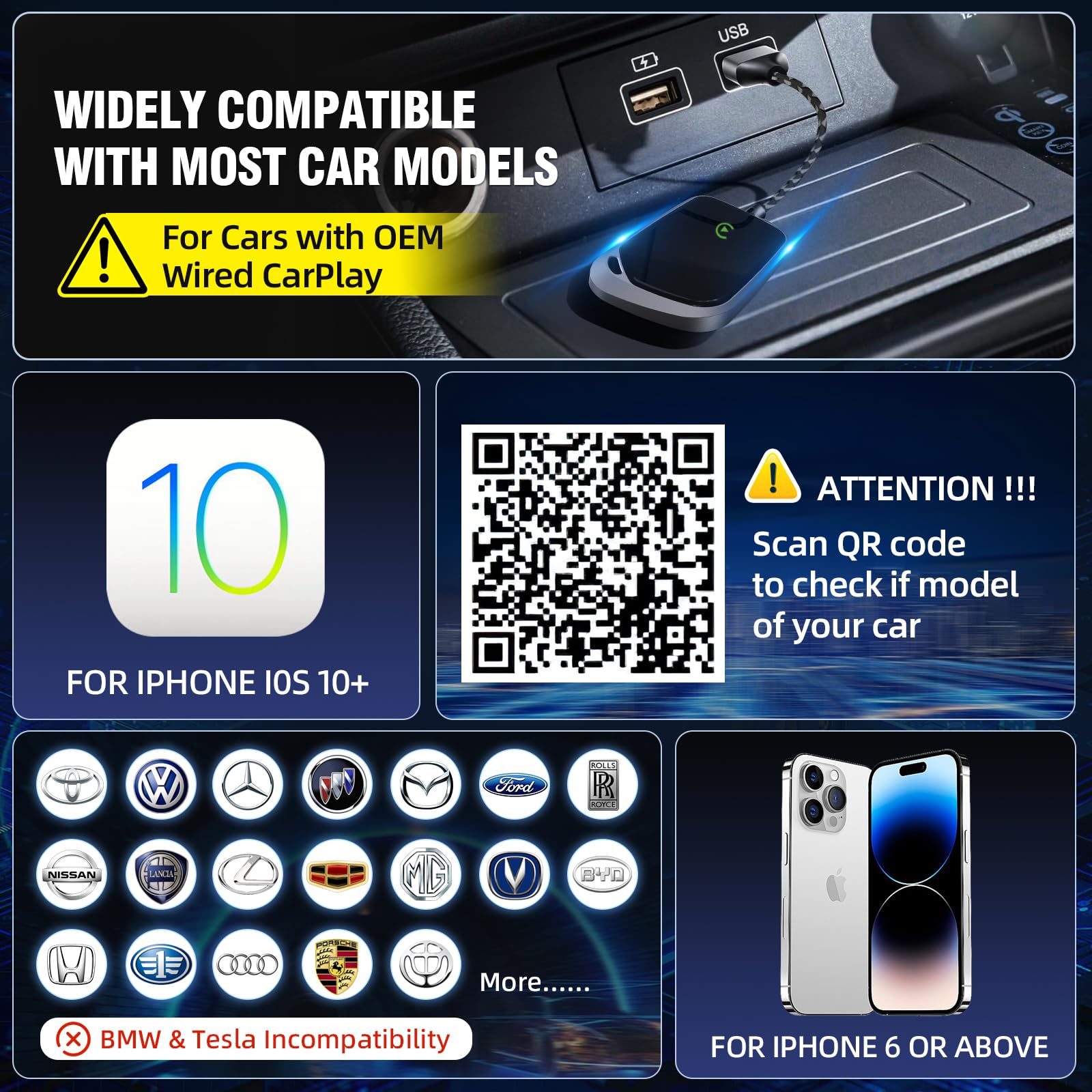 Wireless CarPlay Adapter, 2025 Upgraded Plug & Play Convert Wired to Wireless for iPhone, Low Latency Car Play Adapter Wired CarPlay to Wireless, Mini Car Play Dongle for iOS 10+(Black Gray)