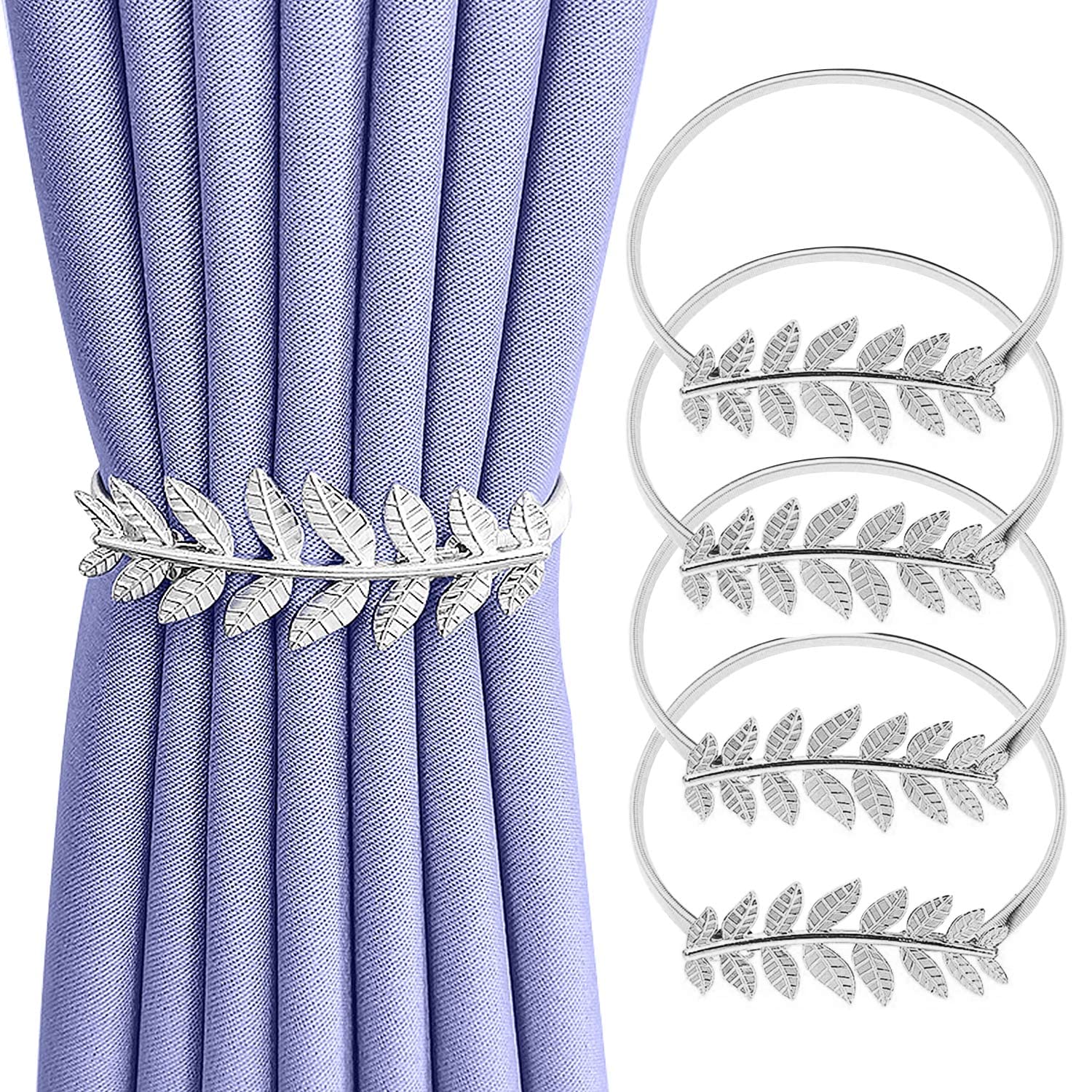 Newsmy Leaf Shape Curtain Tie Backs, 4 Pcs Silver Tie Backs for Curtains, Metal Curtain Holdbacks & Decorative Curtain Tiebacks Set, Curtain Holdback for Home & Office