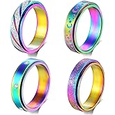 Hothink Anxiety Rings Fidget Ring for Women Spinner Rings for Anxiety 4Pcs 6MM Rainbow Titanium Steel Ring Size 5-11