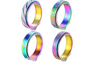 Hothink Anxiety Rings Fidget Rings for Women Spinner Rings for Teen Girls 4Pcs 6MM Rainbow Titanium Steel Rings Size 5-11