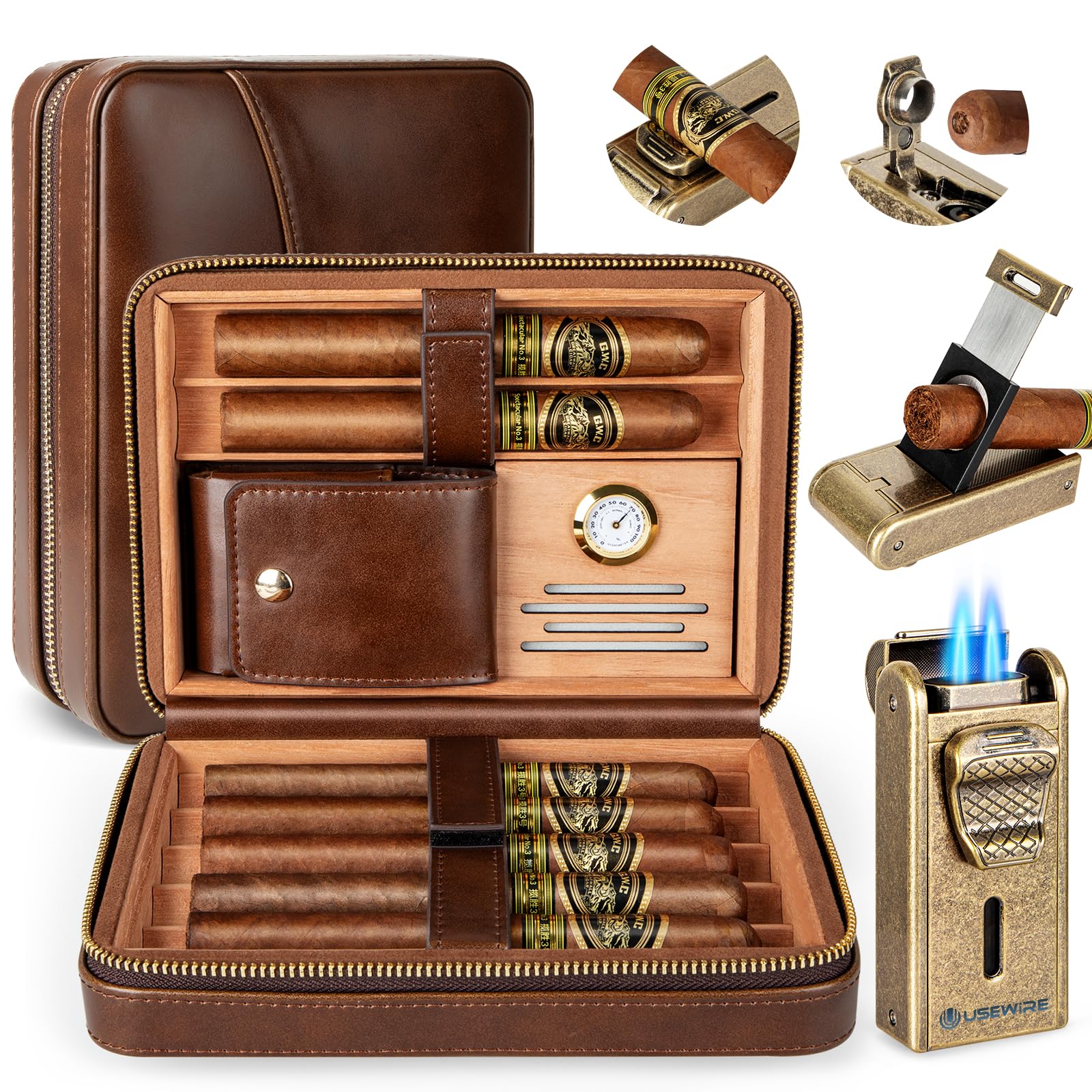 Photo 1 of **INCOMPLETE** Usewire Cigar Humidor, Leather Cigar Case with Cigar Lighter, Built-in Straight Cigar Cutter and Cigar Punch, Travel Cigar Humidor with Humidifier and Cedar Tray, Cigar Accessories Set for Men