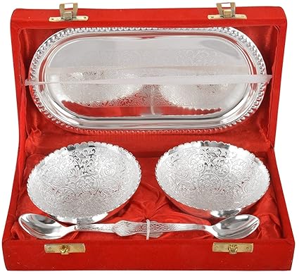 Jaipur Brass Bowl, Spoon & Tray Set, 5 Piece, Silver.