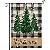 HOMETITUTE Welcome Garden Flag 12x18 Inch Merry Christmas Garden Flags Burlap Double-Sided Black Buffalo Plaid Pine Trees Seasonal Outdoor Holiday Banner Winter Flag for Yard Lawn Decoration