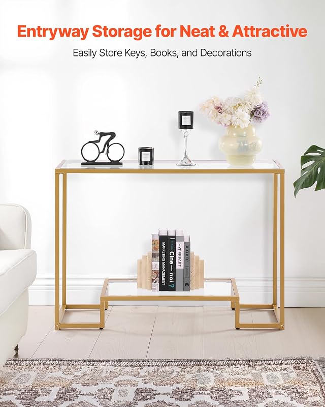2-stufiger Konsolentisch moderner rechteckiger Flurtisch (107 x 35,4 x 75,5 cm) mit Platte aus gehärtetem Glas, Sofa-Beistelltisch mit Kippschutz für Wohnzimmer Flur Eingangsbereich Foyer