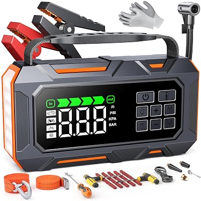 Portable Jump Starter with Air Compressor 8000A 160PSI, 16-in-1 Car Battery Jump Starter with Emergency Kit, Auto-Shutoff Tire Inflator, Jumper Cables, Jump Box Car Battery for All Gas/14L Diesel