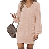 VAFOLY Women's Pullovers Jumper Sweaters Lantern Sleeve Casual V Neck Fall Knit Mini Sweater Dresses