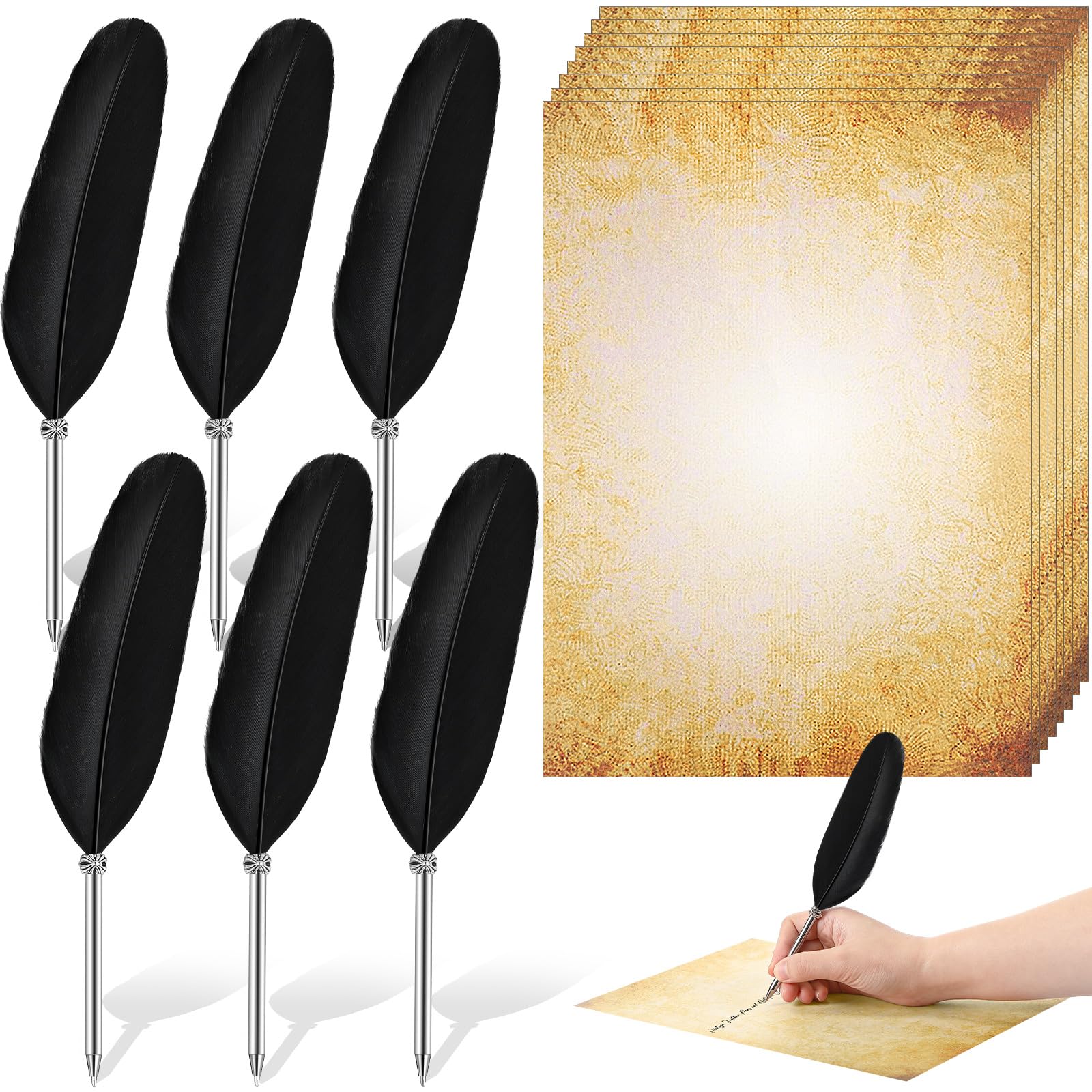Photo 1 of 16 Pack Vintage Feather Pens and Antique Stationery Paper Set, 6 Pcs Black Ink Feather Quill Ballpoint Pen, 10 Sheet 8.5" x 11" Thicker Double Sided Printing Paper for Writing Signature Party Favor