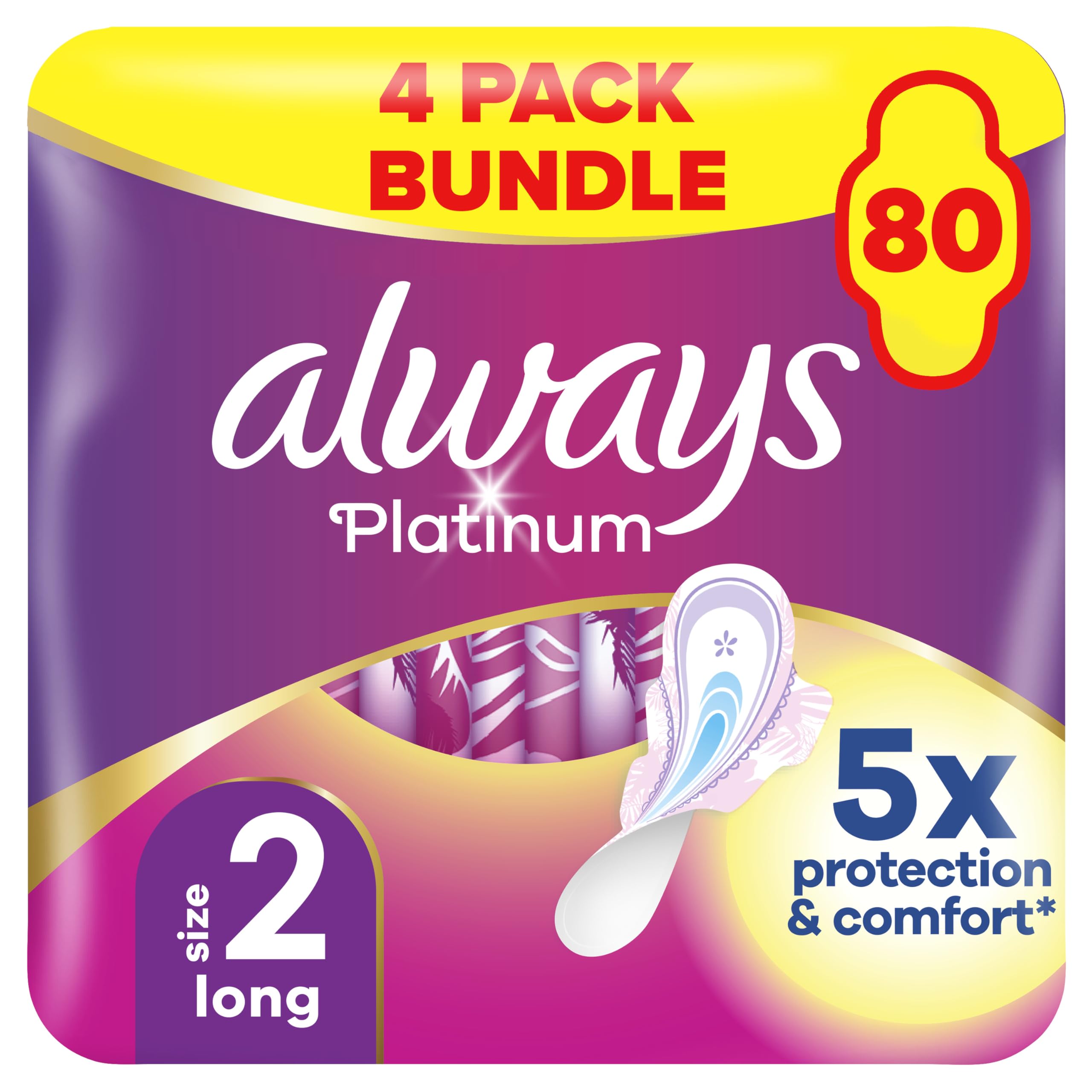 Always Platinum Sanitary Towels with Wings, Size 2, Long, 80 Towels (20 x 4 Packs), BIG PACK, Odour Neutraliser, 5x Comfort