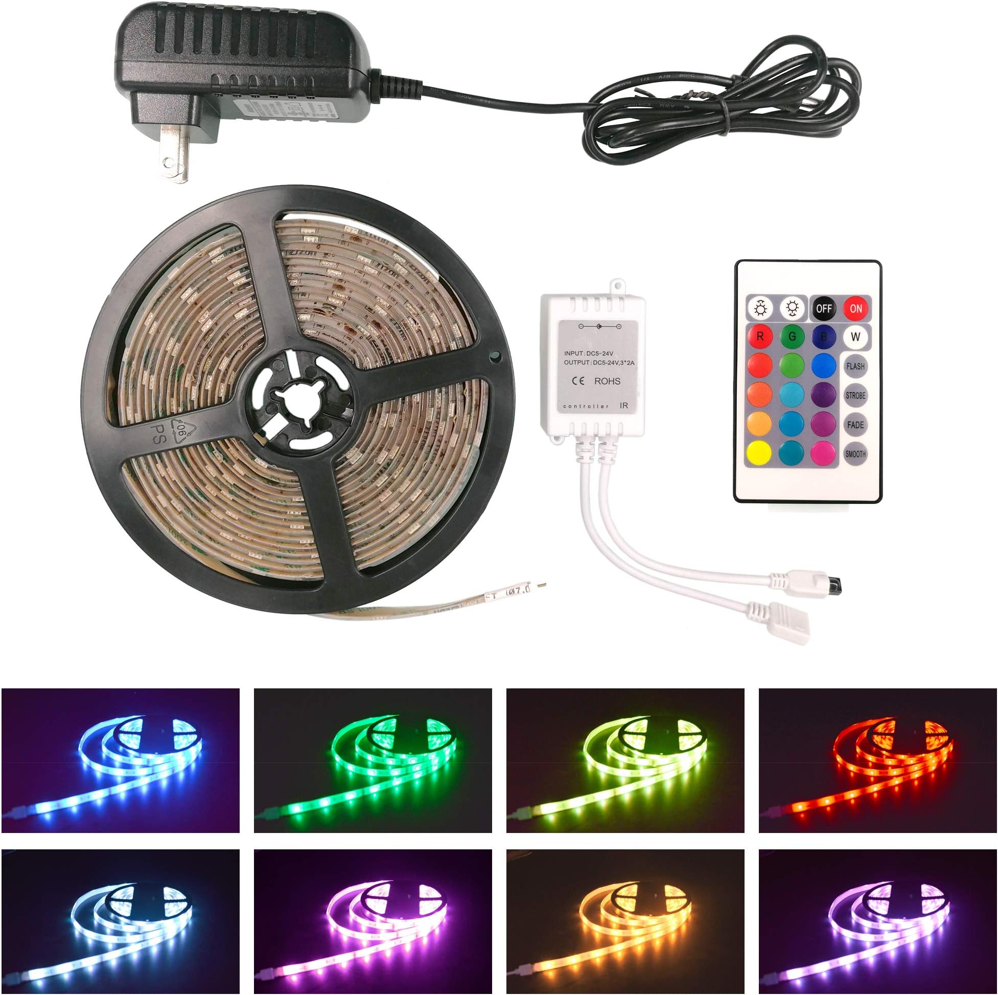 ZiZon LED Strip Back Lights, 5050 RGB LED Strip Kit 5-Meter 150 LEDs Lights, Flexible Color Changing with 24-Key Remote and 12V/2A Power Adapter for Indoor Interior Back Lighting Applications