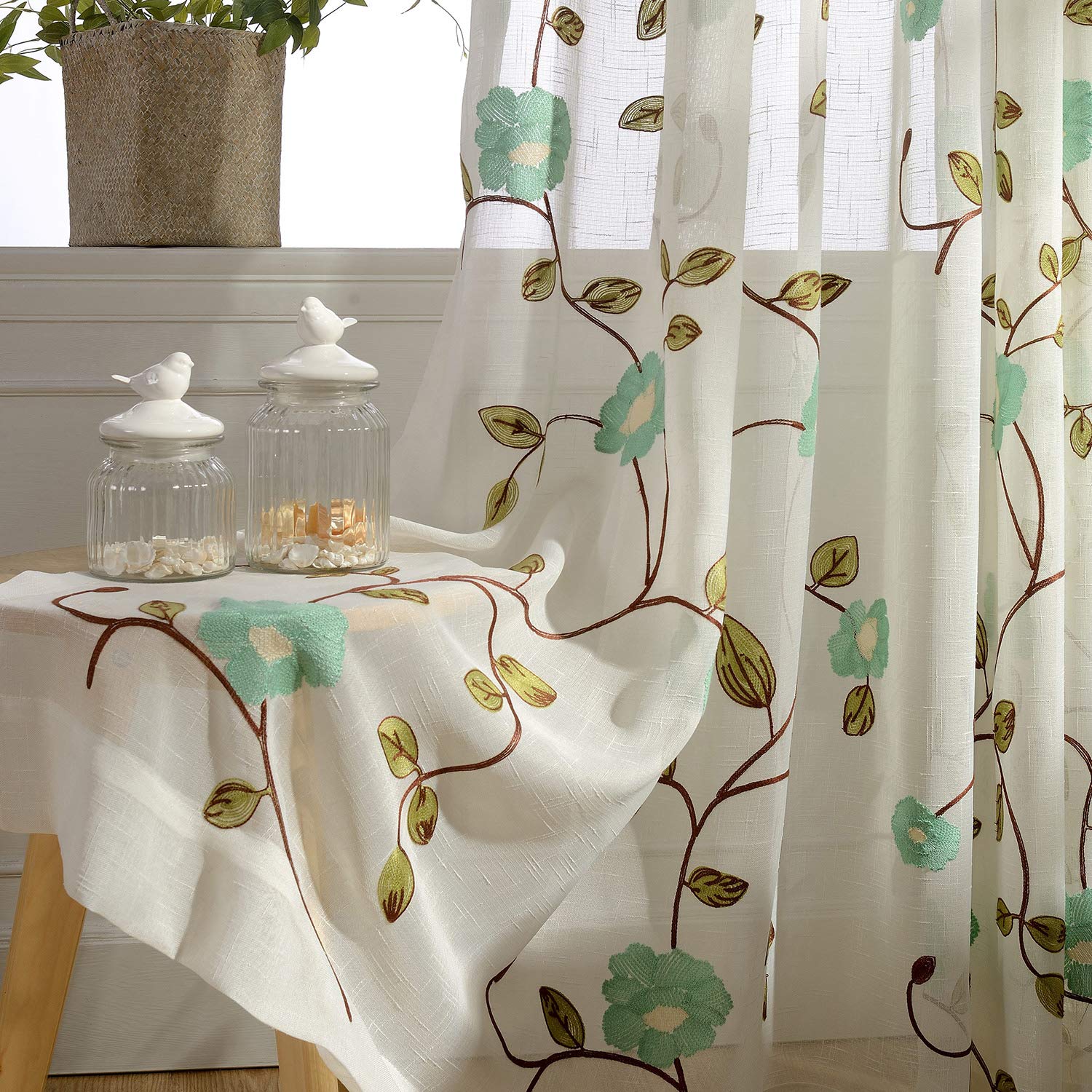 VOGOL Botanic Design Sheer Curtains 96 Inches Long, Mint Green Floral Embroidered Rod Pocket Keep Privacy Window Treatments for Bedroom Living Room, 52 x 96 Inch, 2 Pieces