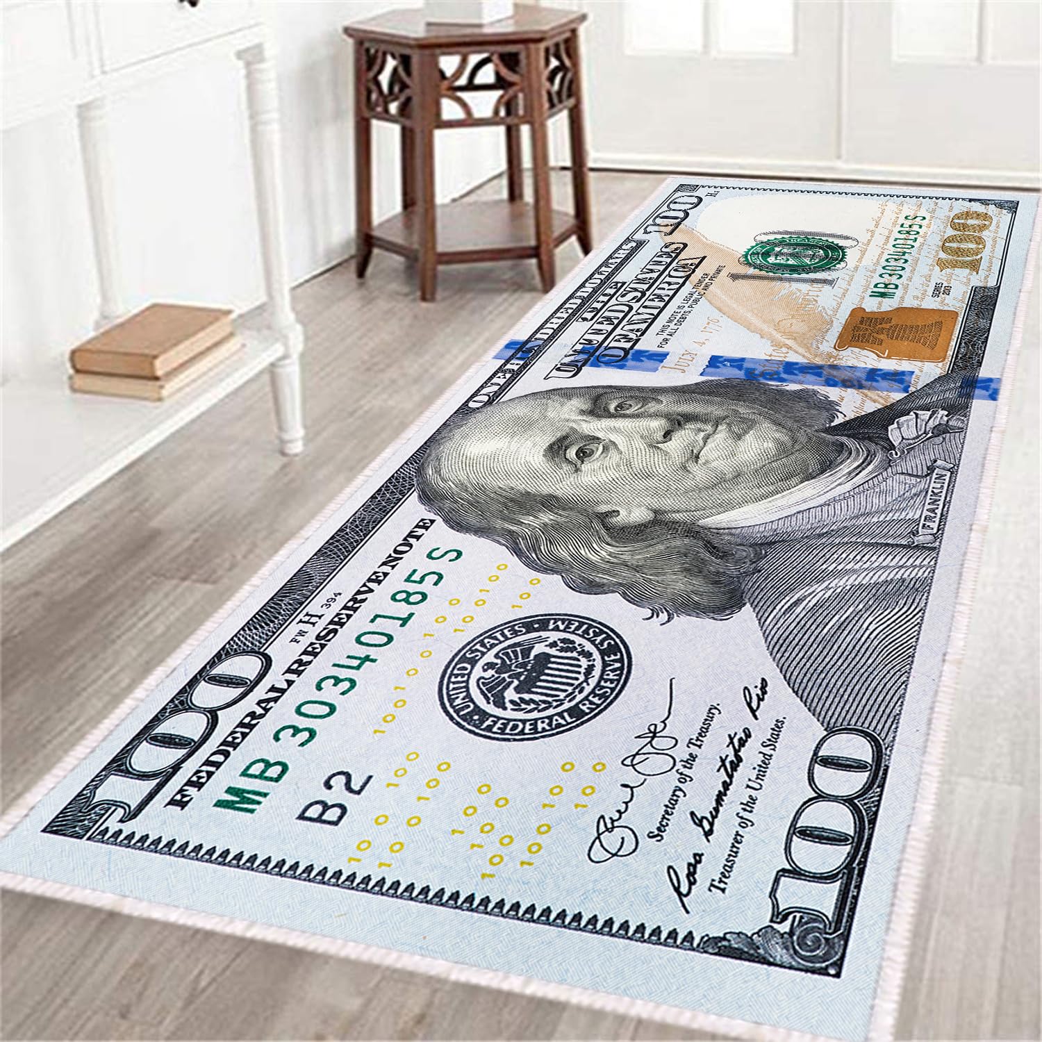 Photo 1 of Hundred Dollar Bills Runner Rug 2x6,100 Bill USA Money Throw Accent Area Rug Large Floor Carpets Mat Non Slip Washable Runner Carpet for Entryway Hallway Laundry Bathroom Kitchen Bedroom Living Room