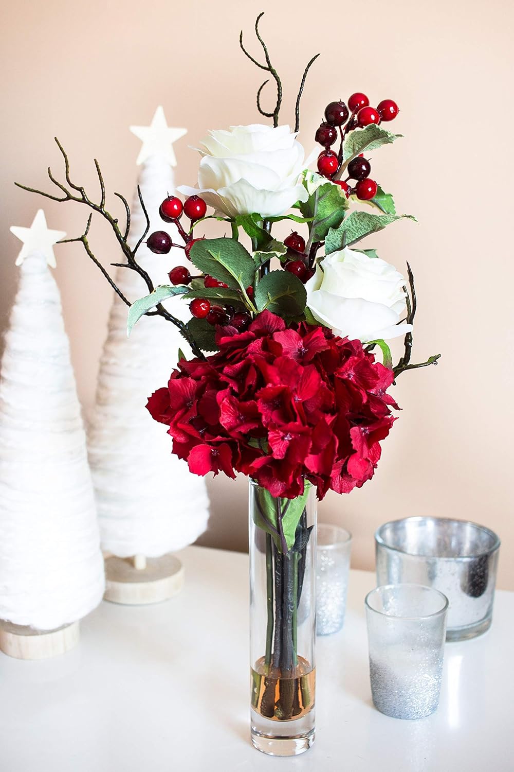 Amazon Com Nearly Natural 1385 Merry Christmas Rose Hydrangea Arrangement Red Green 6 75 X 22 5 X 6 75 Home Kitchen