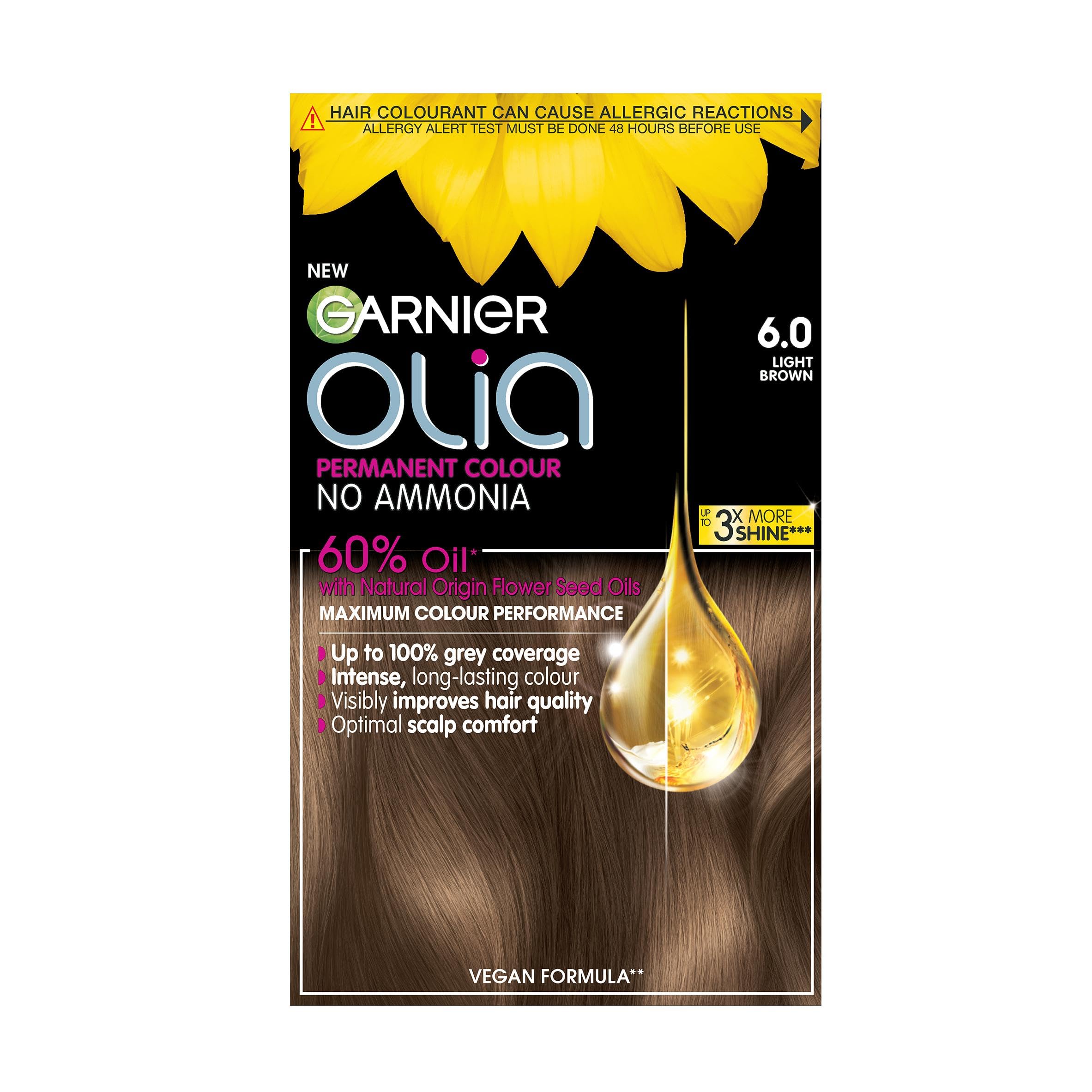 Garnier Olia 6.0 Light Brown, oil-powered, no-ammonia. 100% grey coverage. Luminous, long-lasting, vibrant light brown hair color with incredible shine and softness. โ image 1