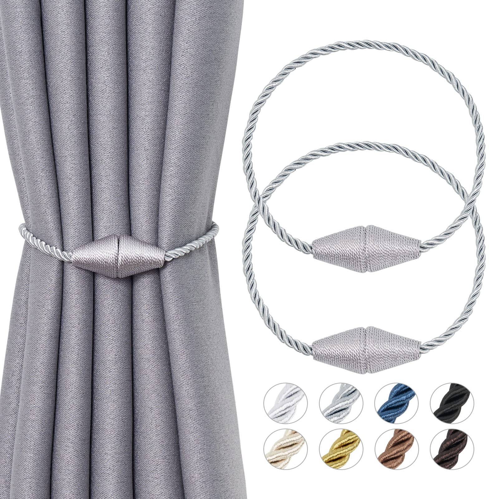 Pretty Jolly 2 Pack Upgrade Magnetic Curtain Tiebacks 16 Inch Handmade Weave Rope Curtain Holdbacks Convenient Decorative Cone Curtain Drape Tie Backs for Home & Office Window Drapery (New Grey)