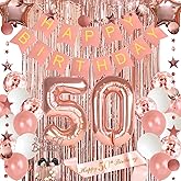 50th Birthday Decorations for Women, Happy Birthday Banner 50th Birthday Cake Topper Rose Gold Curtain Sash 50 Balloon Number for Anniversary Decor Birthday Party Backdrop