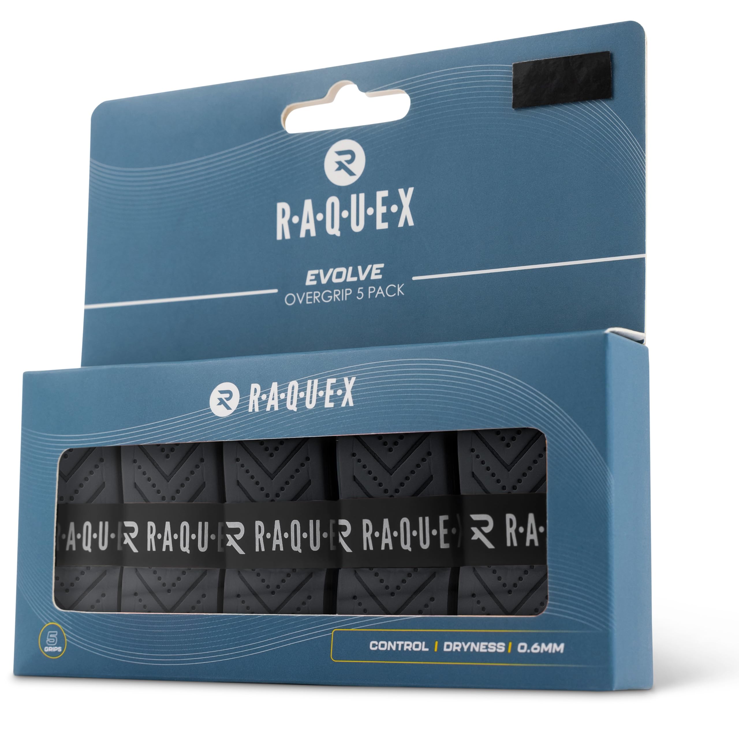 Raquex Evolve Racket Overgrip Tape - Tennis Racket, Badminton, Squash, Padel 5 Pack Multicoloured Racquet Over Grip - Durable, Soft, Anti Slip Overgrip – Recyclable cardboard outer packaging