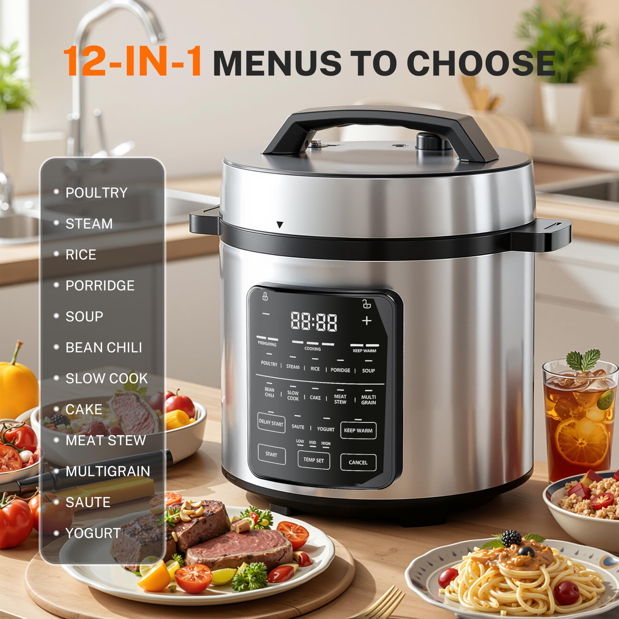 Simple Deluxe Electric Pressure Cooker, Non-Stick 12-in-1 & 6QT Stainless Steel Multi Cooker for Slow Cook, Meat Stew, Cake, Porridge, Multigrain, Dishwasher Safe, Silver