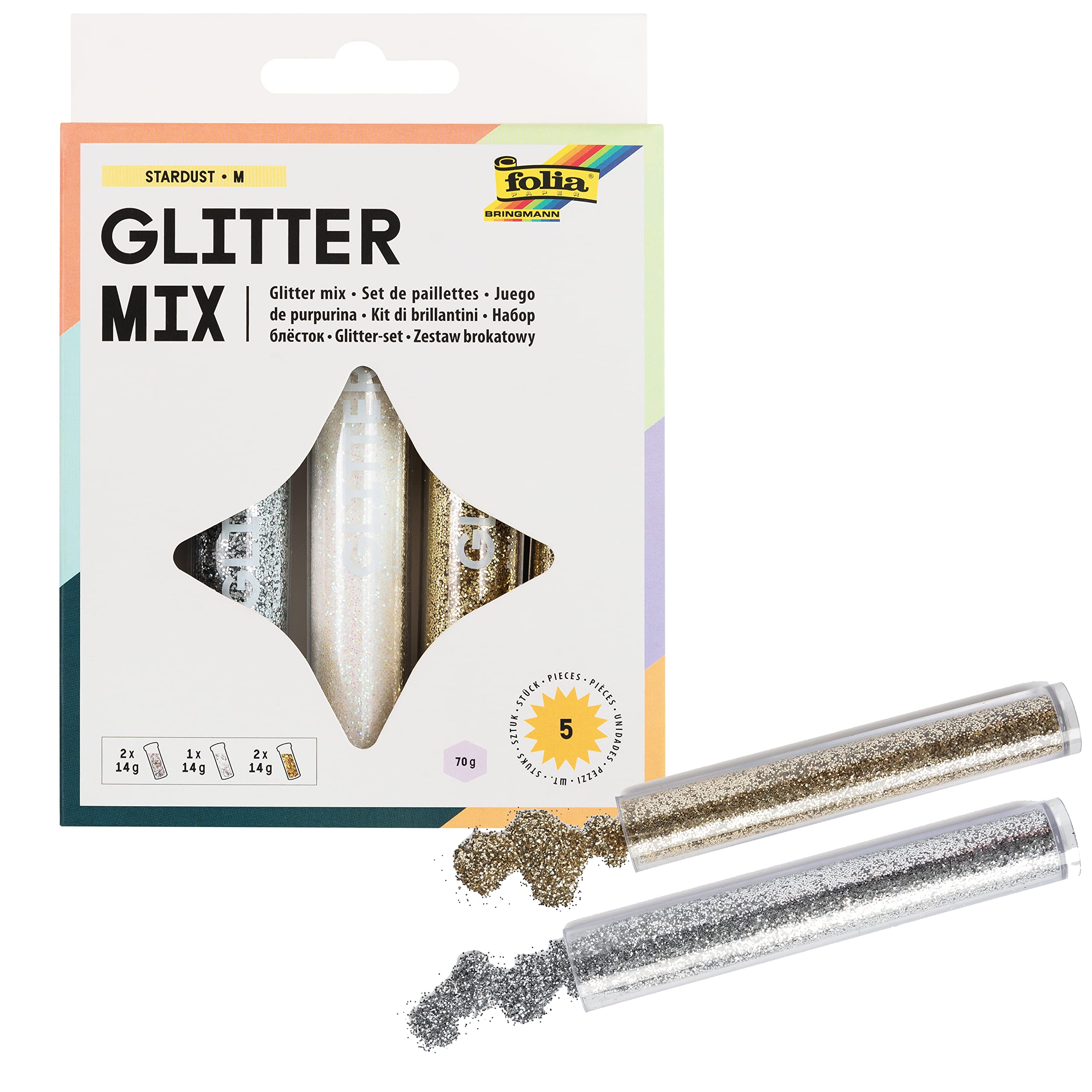 folia 57801 Glitter Set with 5 Tubes of 14 g Glitter Powder - Ideal for Decorating and Sprinkling Your Crafts