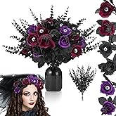 Hotop 40 Pcs Halloween Flowers with Eyeball and Spider, Fake Halloween Bouquet Bloody Black Roses Purple Artificial Flowers with Black Eucalyptus Stems for Vase Arrangements Table Decoration