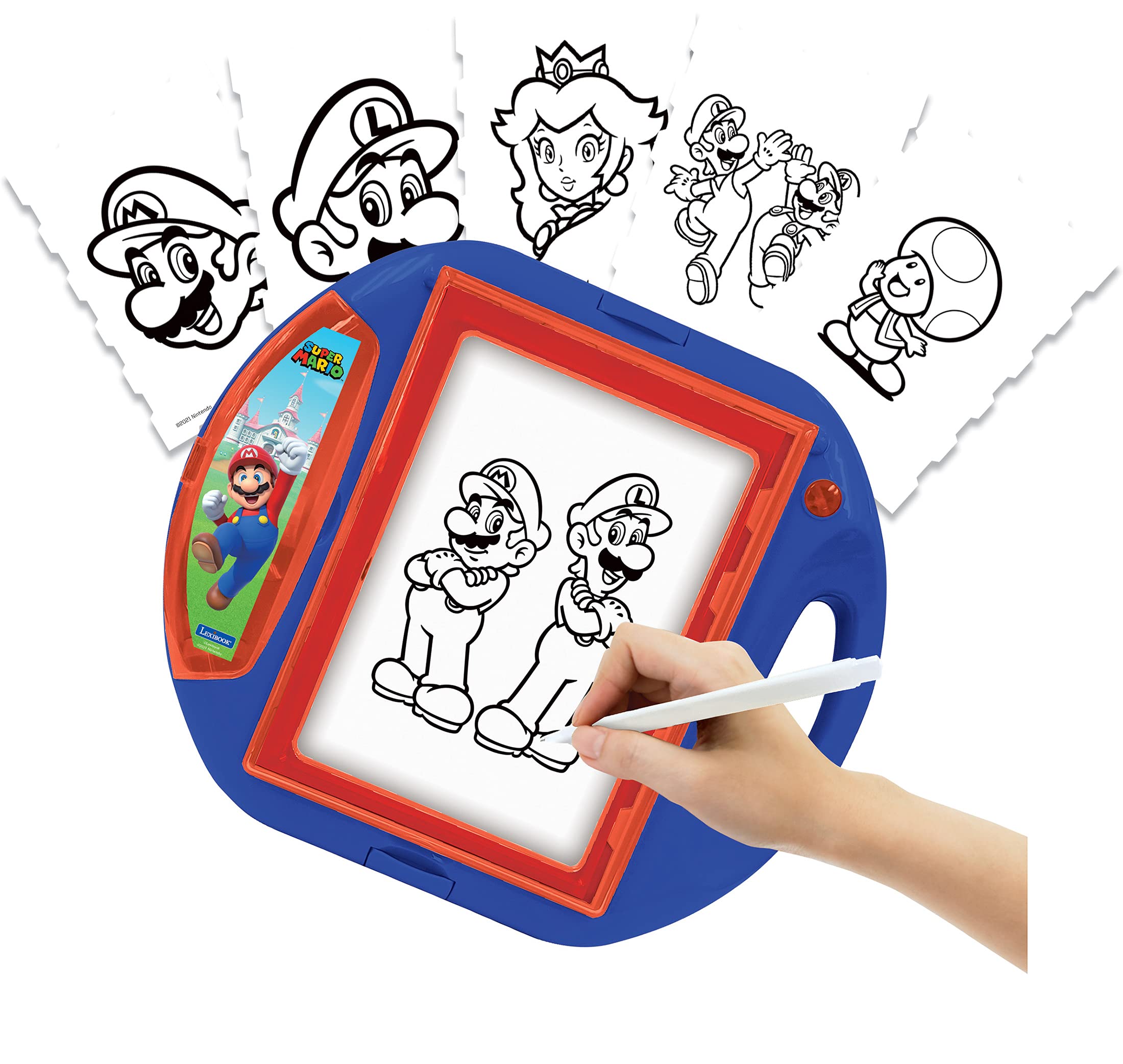 LEXIBOOK, Super Mario, Drawing Projector, 4 stamps, 10 templates, lighting screen, 1 pen included, artistic and creative toy for girls and boys, Red/Blue, CR310NI