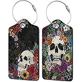 Skull Flowers Luggage Tags,2 Pack Luggage Tag,Leather Privacy Cover ID Label with Stainless Steel Loop for Women Men Kids Girls Travel