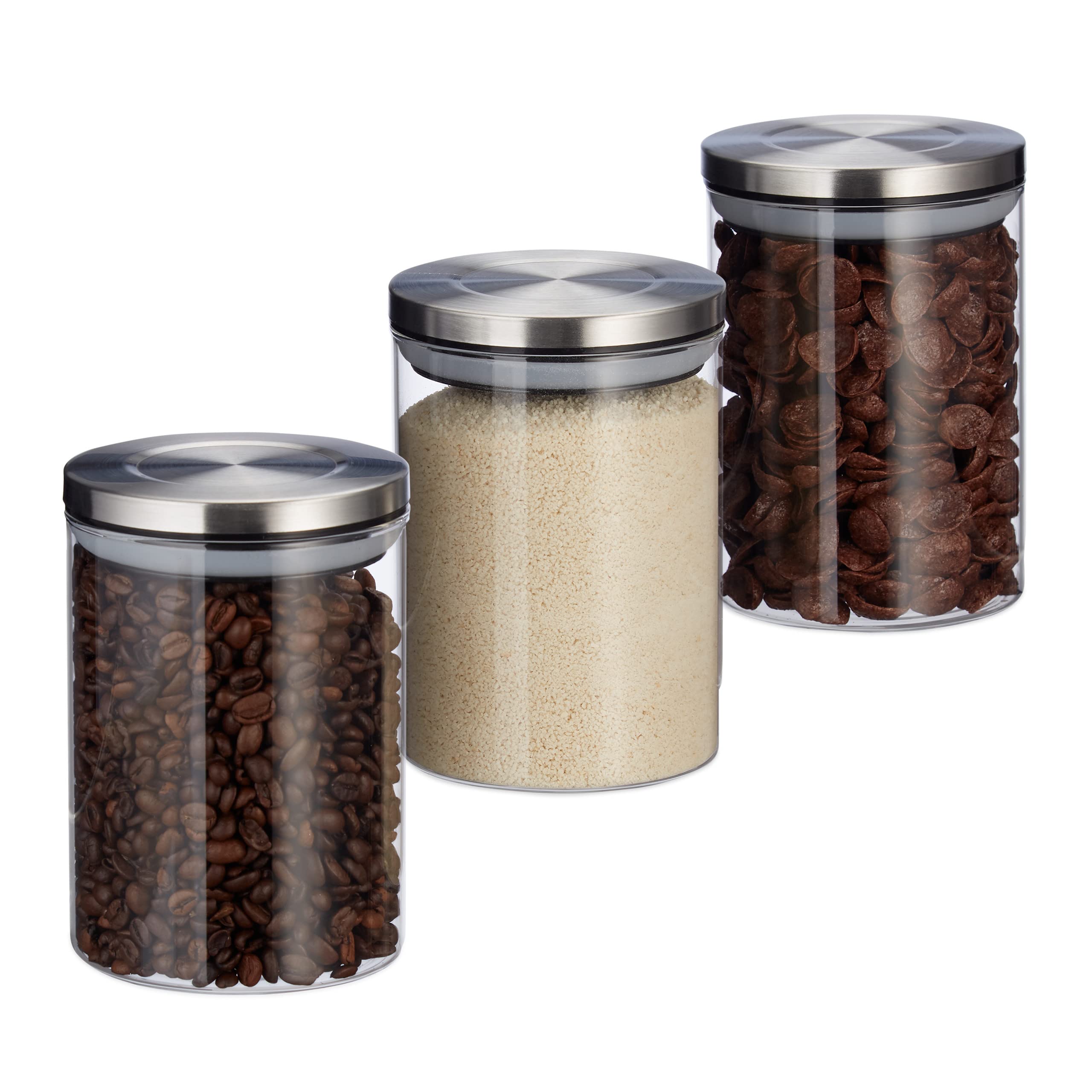 Relaxdays Glass Jar Set of 3, 600 ml, Airtight, Stainless Steel Lids, for Coffee, Tea, Sugar, Kitchen Jars, Transparent