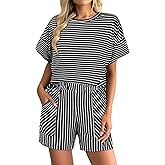 Hilinker Womens 2 Piece Striped Pajamas Sets Short Sleeve Pj Tops and Shorts Loungewear with Pockets