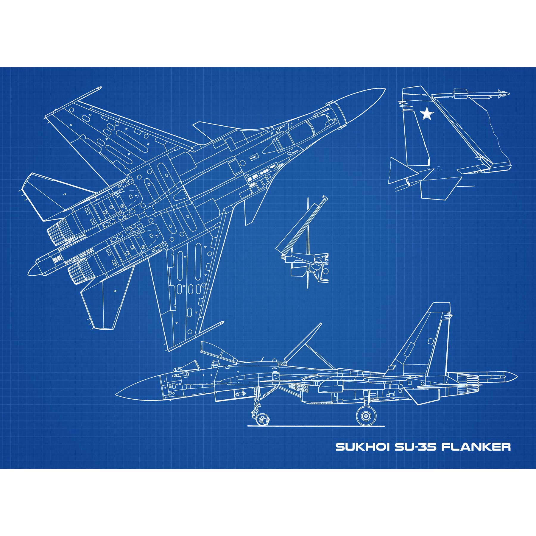 Artery8 Sukhoi Su-35 Flanker-E Air Defence Fighter Blueprint Large Wall Art Poster Print Thick Paper 18X24 Inch