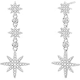 TIGRADE Wedding Earrings for Brides Bridesmaids Silver Star Hexagonal Snowflakes Dangling Cubic Zirconia 925 Sterling Silver Post Earrings for Women Prom