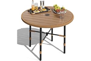 DWVO Outdoor Patio Dining Table Round for 4 35.4" Outdoor Tables with Umbrella Hole & Adjustable Levelers All-Weather Bistro Table with Metal Frame for Lawn Garden Backyard