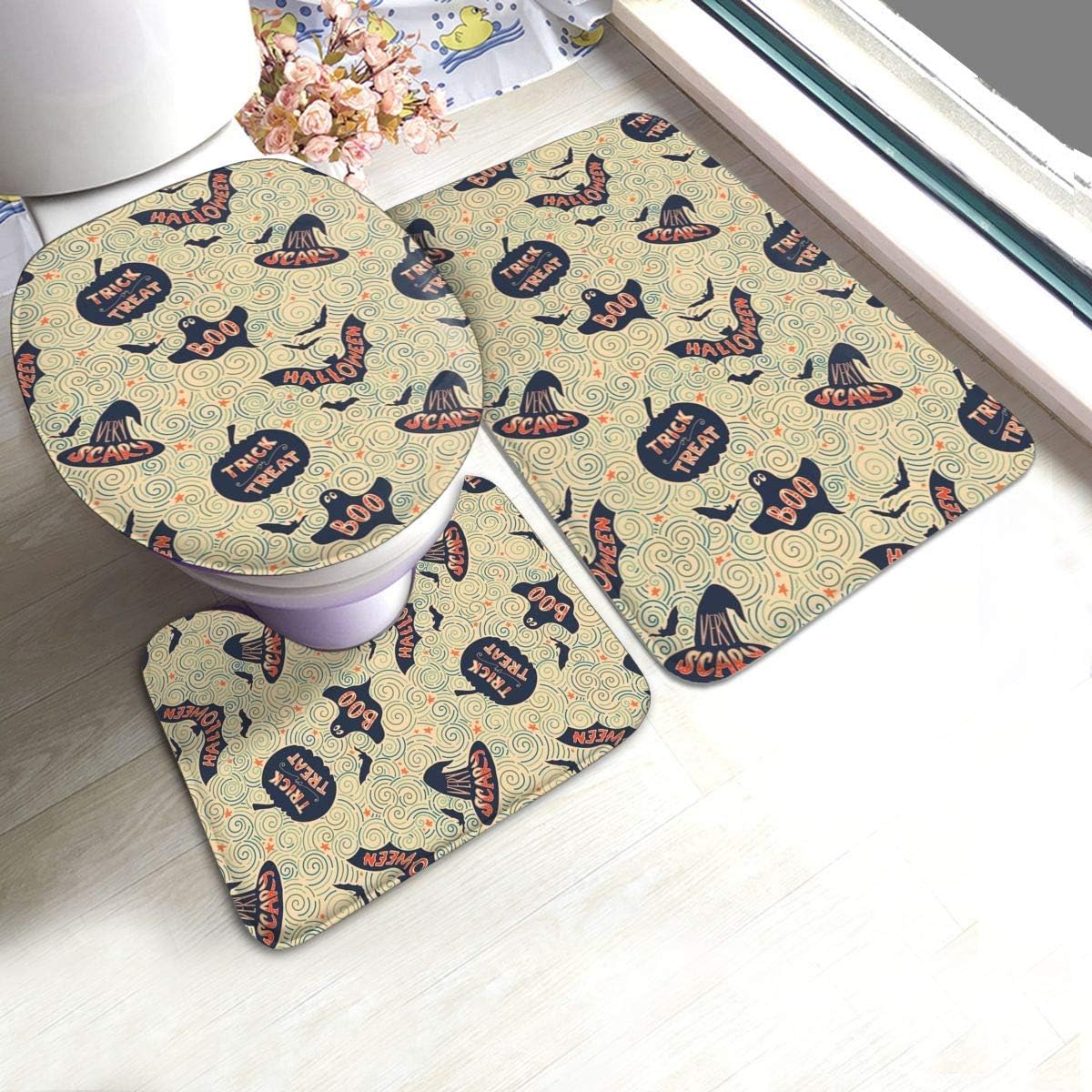 BLSYP Pumpkin Bat Halloween 3 Pieces Bathroom Rugs Set,Soft Chenille Bath Mats Set,Absorbent