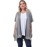 ZERDOCEAN Women's Plus Size Short Sleeve Lace Trim Lightweight Printed Drape Cardigan with Pockets